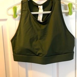 Avocado trinity sports bra with pockets on the back.